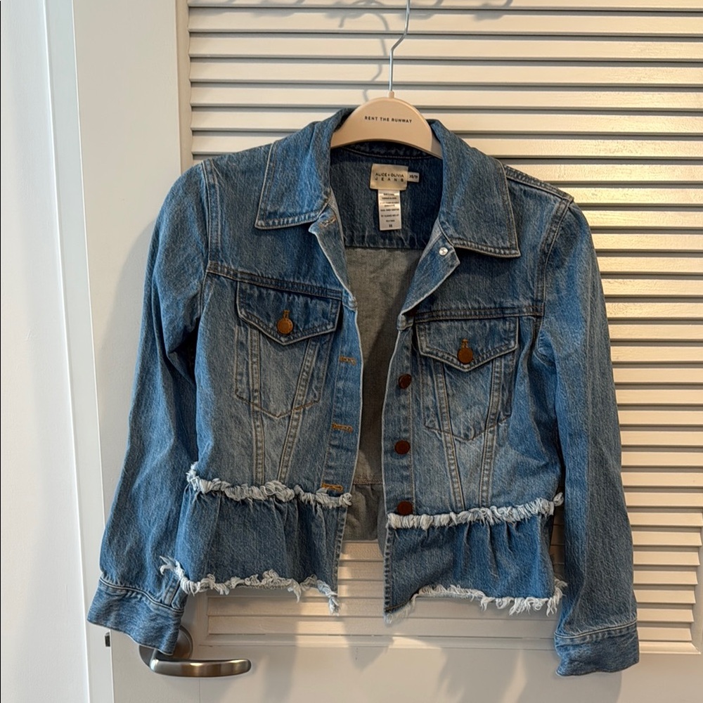 Alice and Olivia Blue Cropped Peplum Denim Jacket